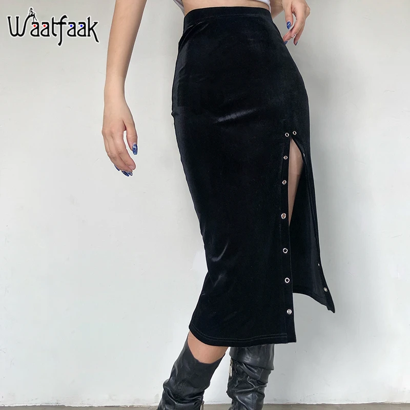 

Waatfaak Elegant Ladies Midi Pencil Skirt With Slit Vintage Black Velvet Skirt Goth High Waist Hole Sexy Mall Skirts Women 2021
