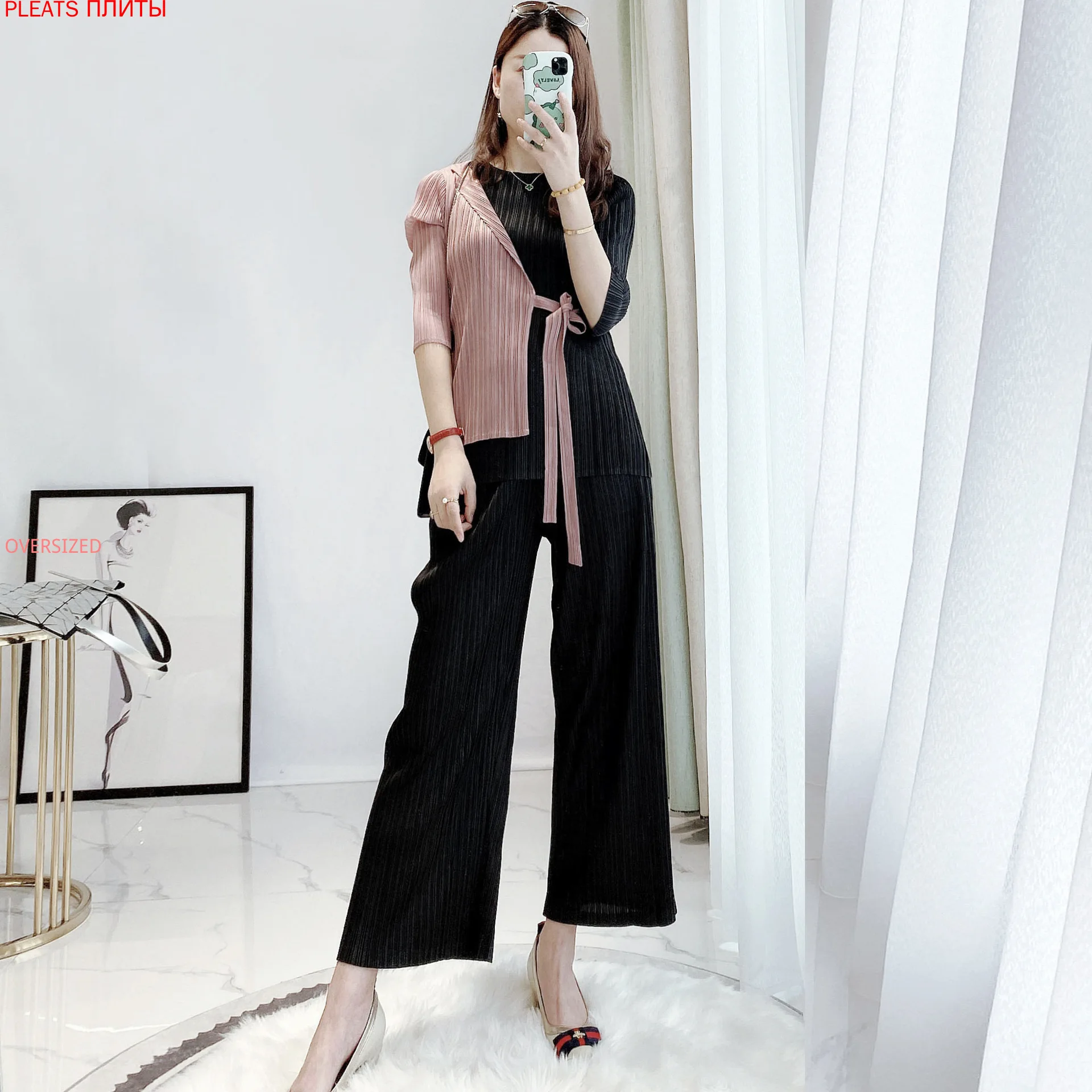 

Miyake Folds Temperament Set Spring and Summer New Casual Loose Show Thin Fashion Wide-leg Pants Two-piece Suit Pleats Trousers