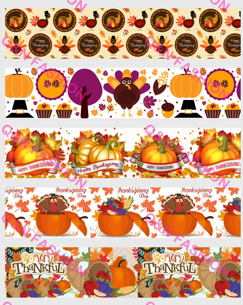 Корсажная лента 16 мм ~ 75 с принтом индейки и тыквы на День Благодарения для бантов