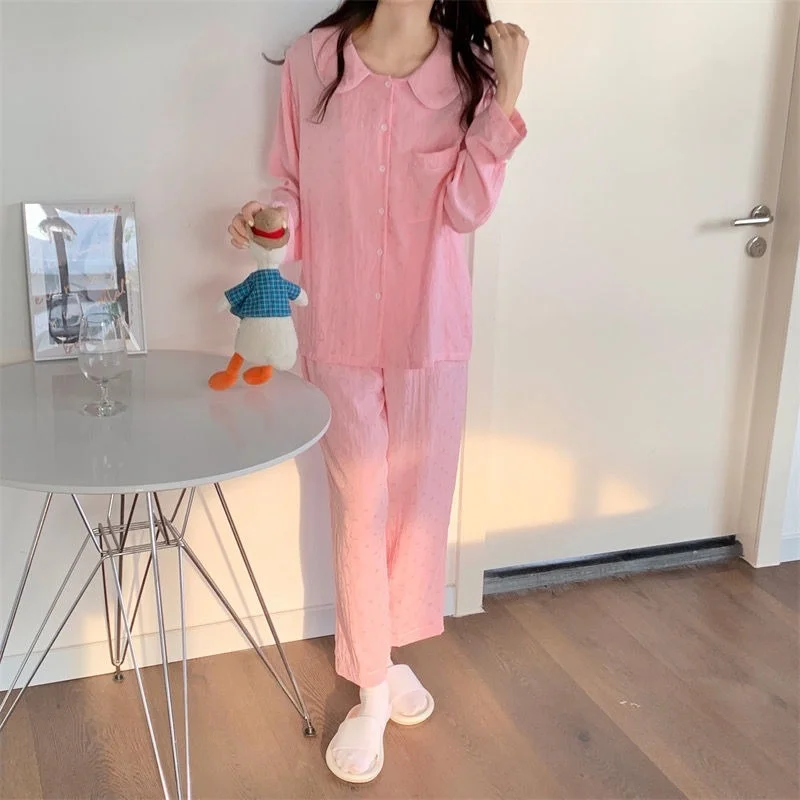 QWEEK Women's Cotton Pajamas Kawaii Doll Collar Heart-shaped Pijamas Solid Color Green Pink Sleepwear Spring Autumn Pyjamas Cute