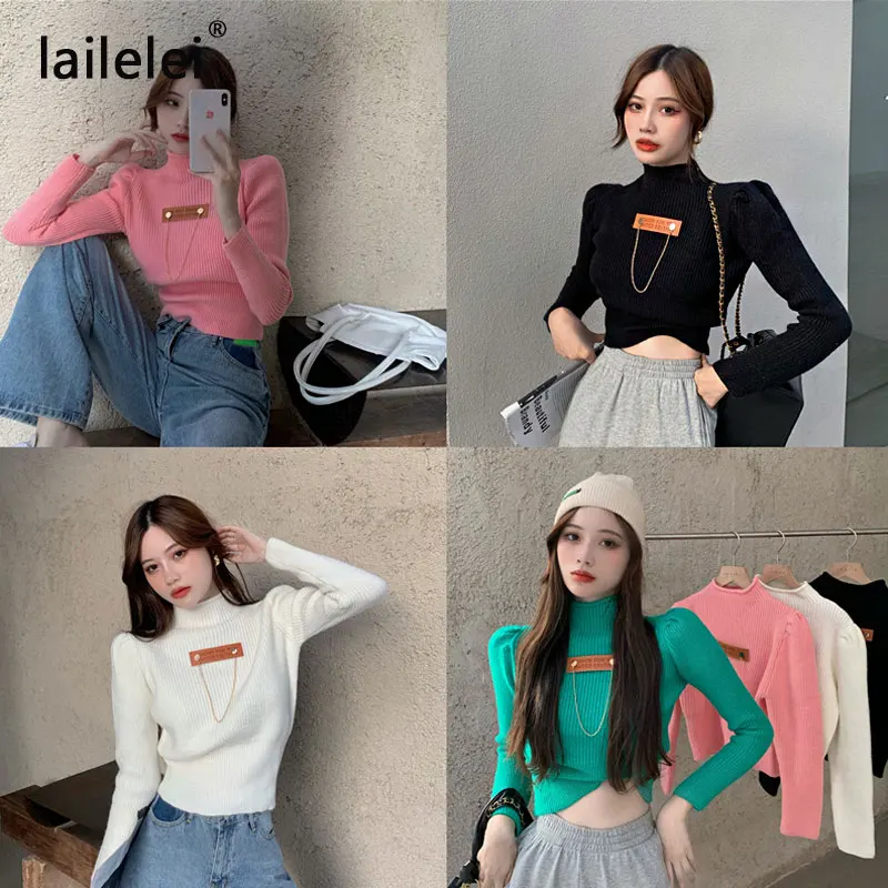 

Half Turtleneck Pullovers Puff Sleeve Sweater White Korean Fashion Design Solid Pink Black Slim Short Vintage Sweet Tops 2020