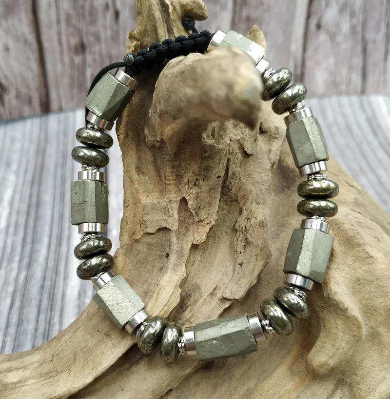 YA4075 натуральный Пирит камень Бусины Браслет Регулируемый |