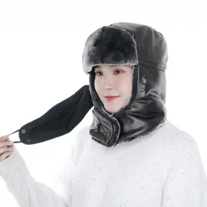Doitbest women hat Winter fur bomber hats Windproof rainproof Thick warm women‘s Outdoor skiing PU Leather face mask ushanka hat