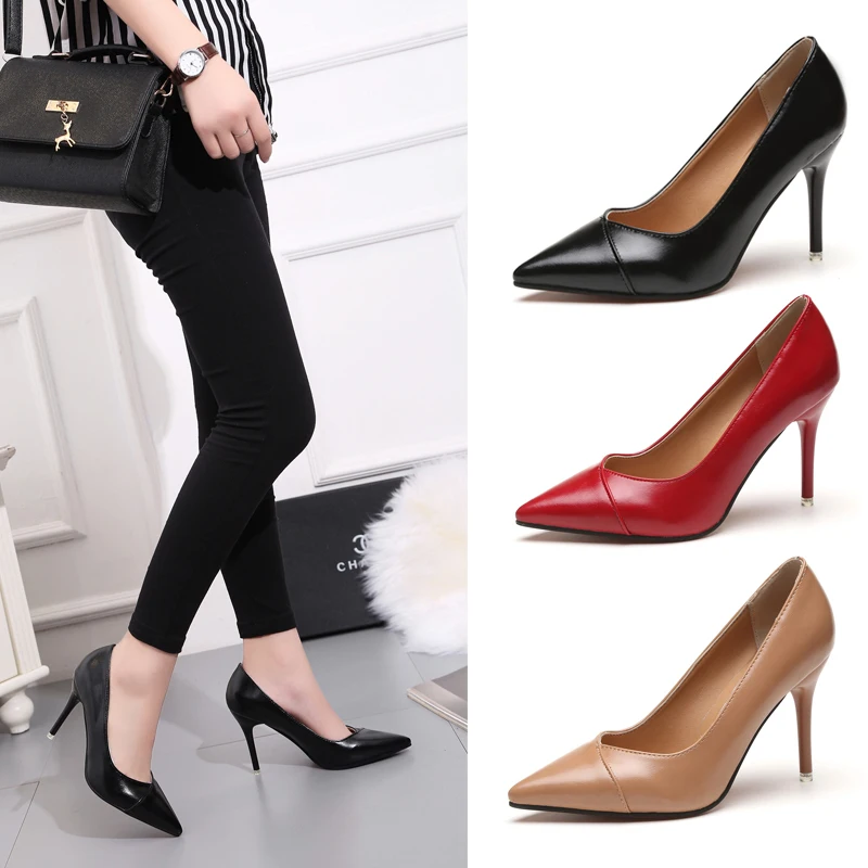 Women Dress Shoes High Heels Boat Pointed Toe Pumps Black Thick Basic Pump Spring Female Office Work Shoe C9095 | Обувь