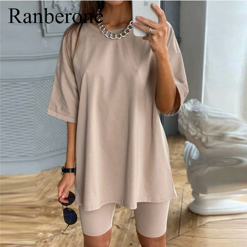 New Suit Women Sport Sexy Summer O Neck Short Sleeve Shirt Tops And Shorts Loose Fitness Suit Two Piece Sets Outfit With Belt