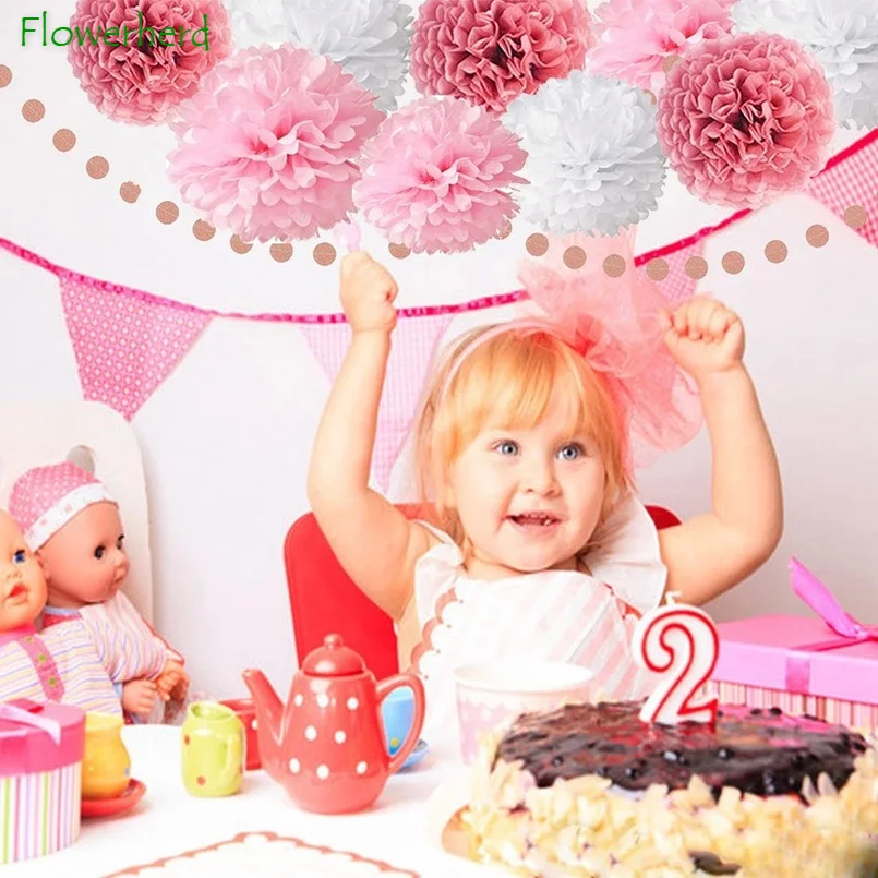 Pink Rose Gold Birthday Party Decorations Set Glittery Happy Banner Tissue Paper Pom Circle Dots and Tassel Garland | Дом и сад