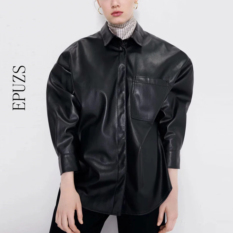 Винтажная черная блузка из искусственной кожи женское с буфами рукав топ уличная