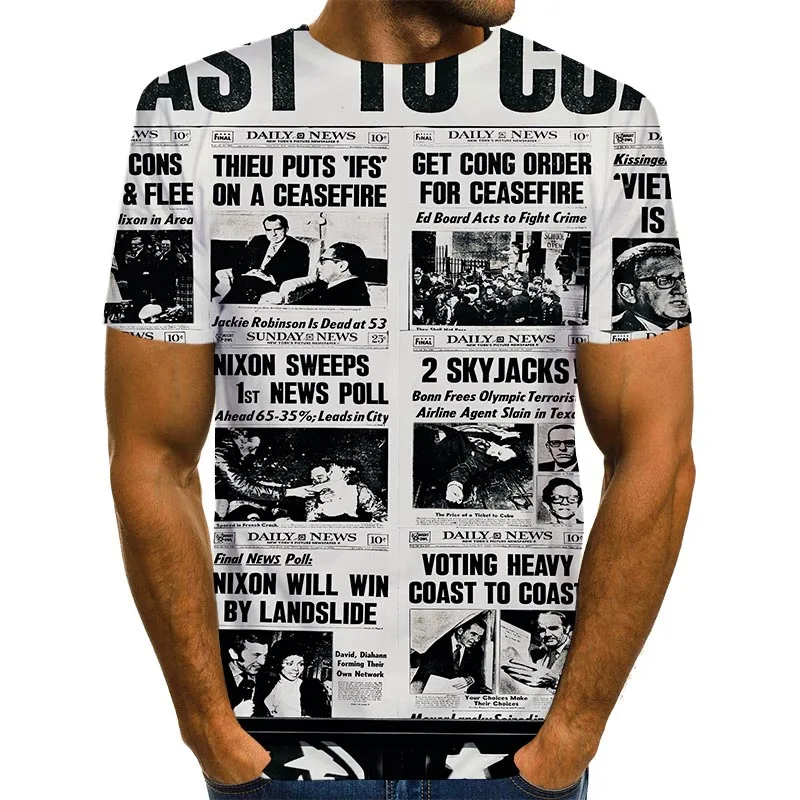 Футболка с принтом газеты для мужчин и женщин черно белая футболка 3D топ