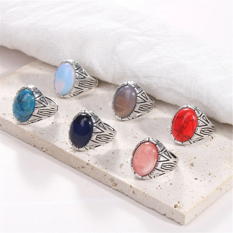 

Vintage Oval Stone Rings For Men Resizable Finger Ring Opal Agates Slivery Color Carved Pattern Ring Antique Punk Jewelry Party