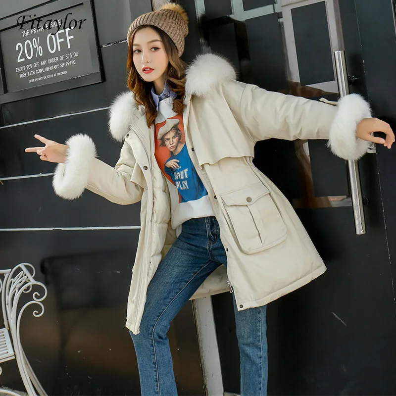 Fitaylor/куртка с капюшоном и натуральным меховым воротником зимняя женская белая