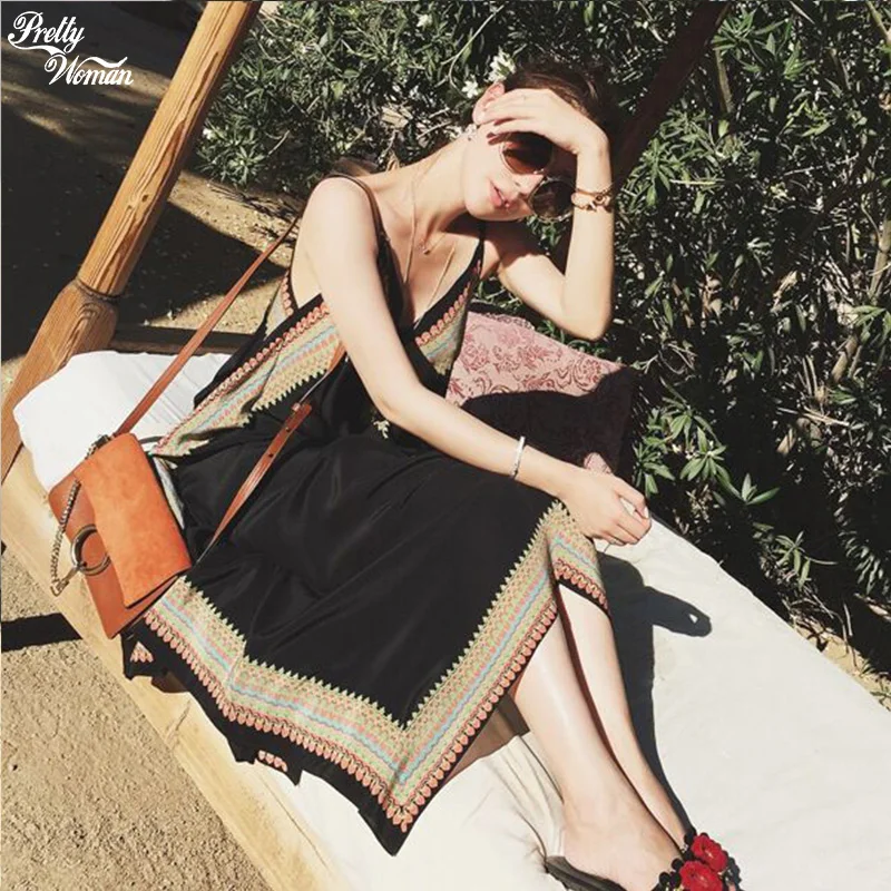 

Summer Chiffon Sleeveless Slim Bohemian Skirt European And American Fashion Casual Seaside Beach Vacation Mid-length Sling Dress