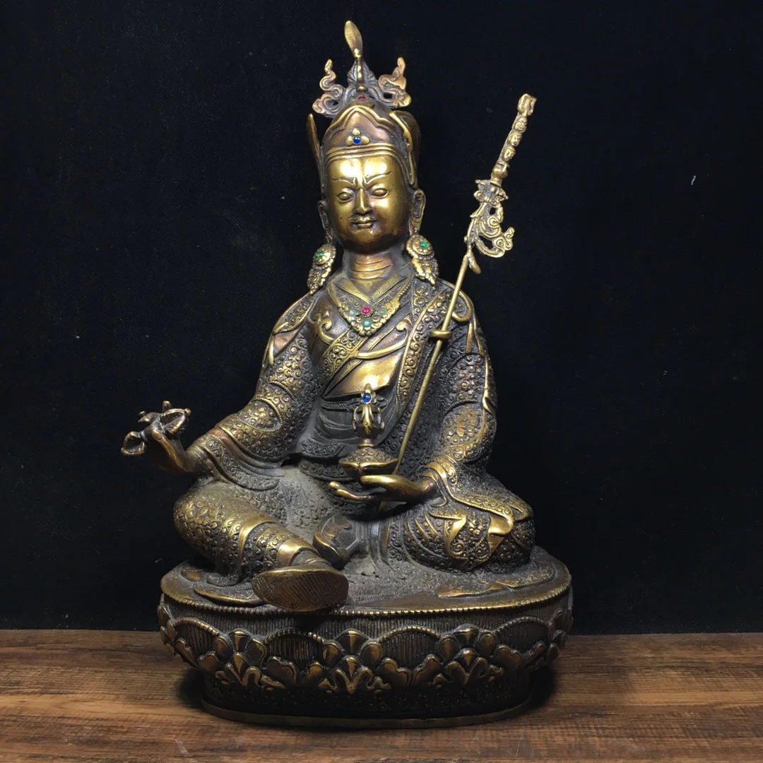 

14"Chinese temple collection Old Bronze mosaic Gem Padmasambhava Tibetan Buddha Sitting Buddha Enshrine the Buddha Ornaments