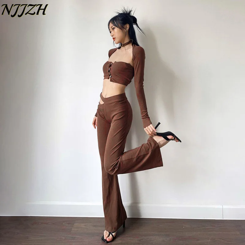 

NJJZH 2022 зимние весенние модные женские однотонные с длинным рукавом Холтер показывают талию с открытой спиной бандаж пэчворк темпераментные...