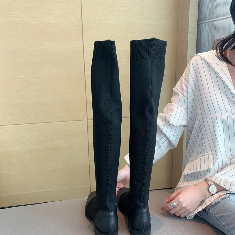

Party Slim Round Toe Stretch Cloth Over the Knee High Boots Fashion Black Medium Thick Heel Riding Boots Women's Shoes