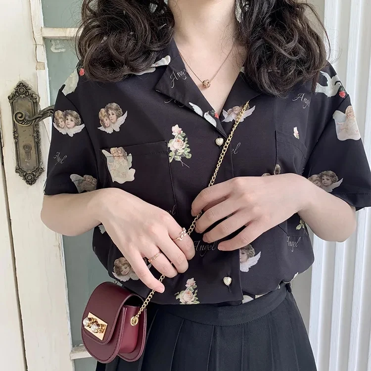 

Angle Pattern Print Blouse Women Fashion Vintage Korean Shirt Summer White Loose Casual Short Sleeve Ladies Tops Shirts 2020 Top