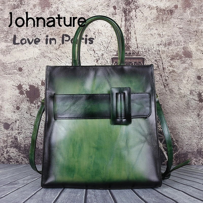 

Johnature Casual Tote Genuine Leather Large Capacity Luxury Handbags Women Bags 2021 New Vintage Cowhide Female Shoulder Bag