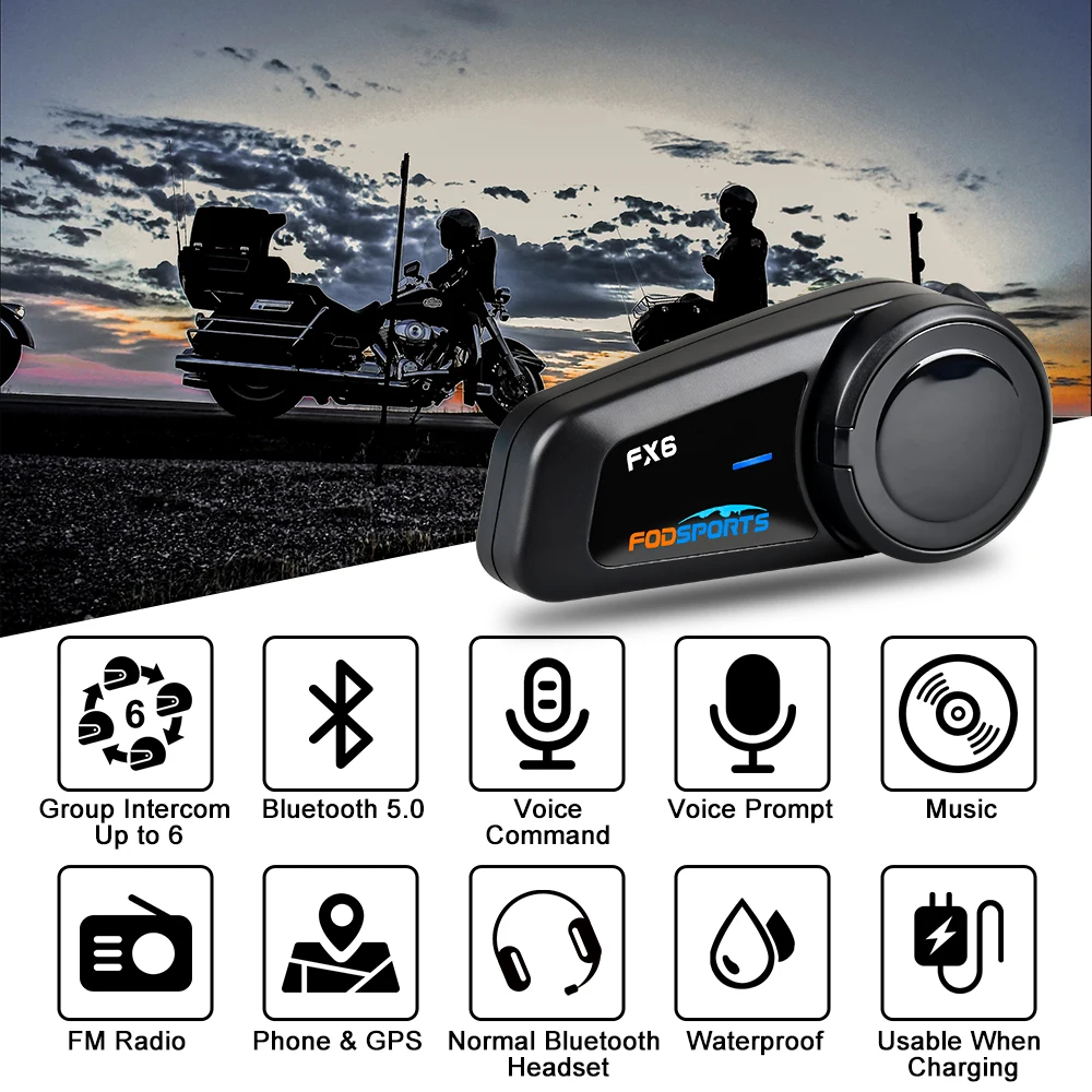 Fodsports Fx6 Motorcycle Intercom Helmet Bluetooth 5.0 Headset 6 Riders Grouping Interphone Waterproof FM Radio Voice Command enlarge