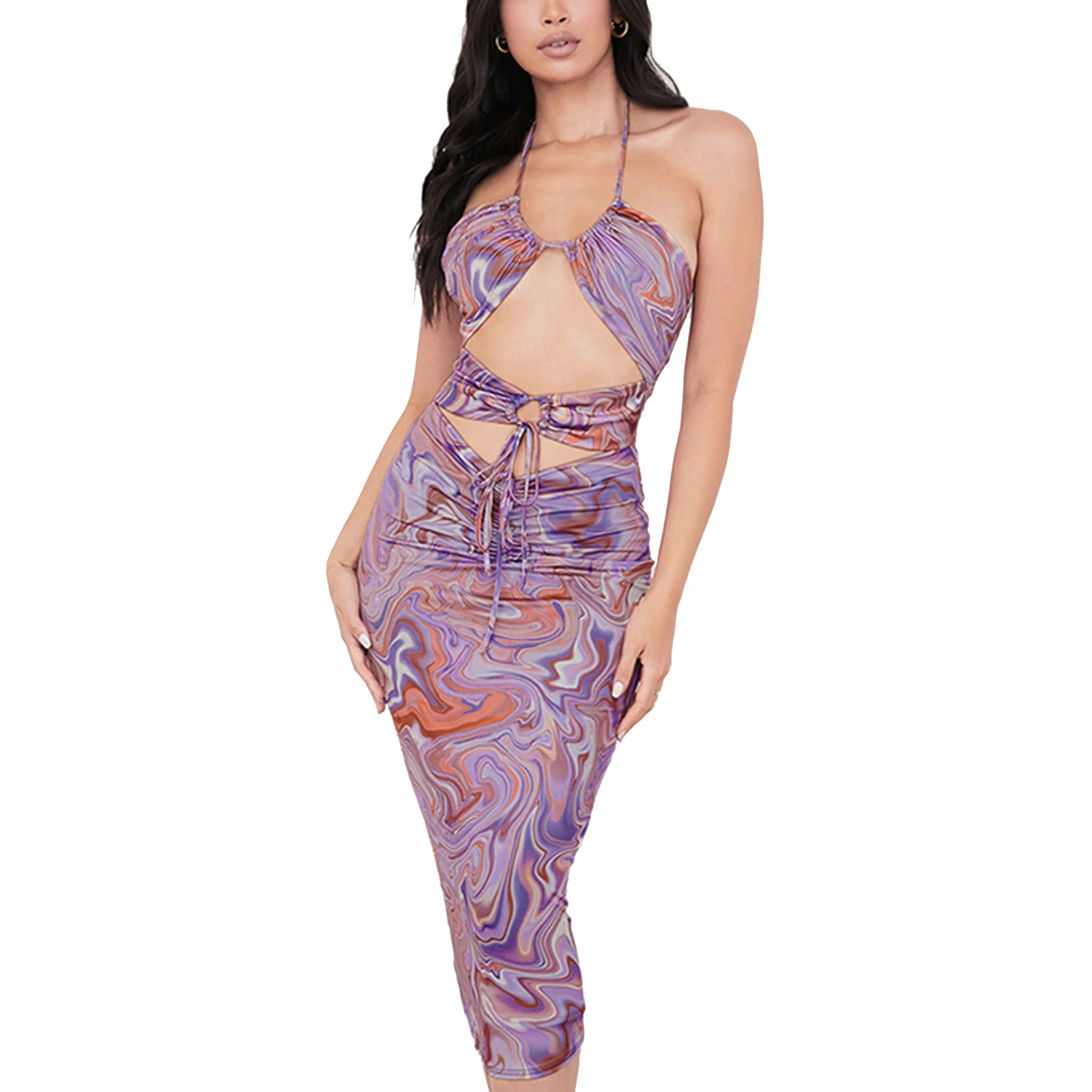 

Hirigin 2021 Women Summer Sheath Dress Irregular Print Hollow Tied Halter Neck Sleeveless Backless Skirt for Girls, Purple
