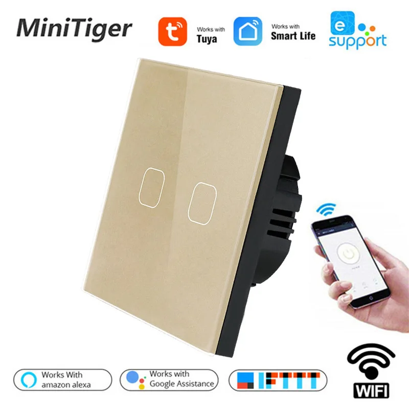 Стандарт ЕС Tuya/Smart Life/ewelink 2 Gang 1 Way WiFi настенный сенсорный выключатель света для Google