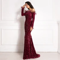 elegant burgundy feather long sleeve stretch sparkle sequin party dress full lining floor length club evening night dress xxl