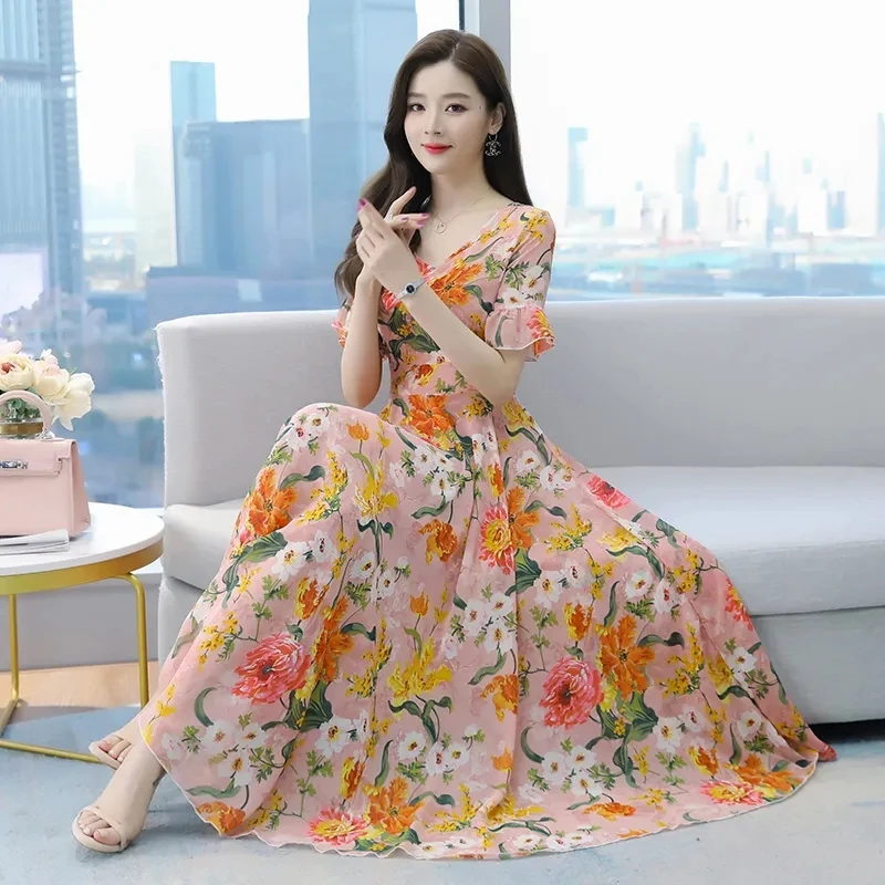 

Женское шифоновое платье-макси с коротким рукавом и оборками