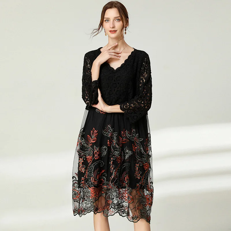

Large women's fat mm women's autumn 2020 new skirt loose and thin cut lace stitching dress 7803