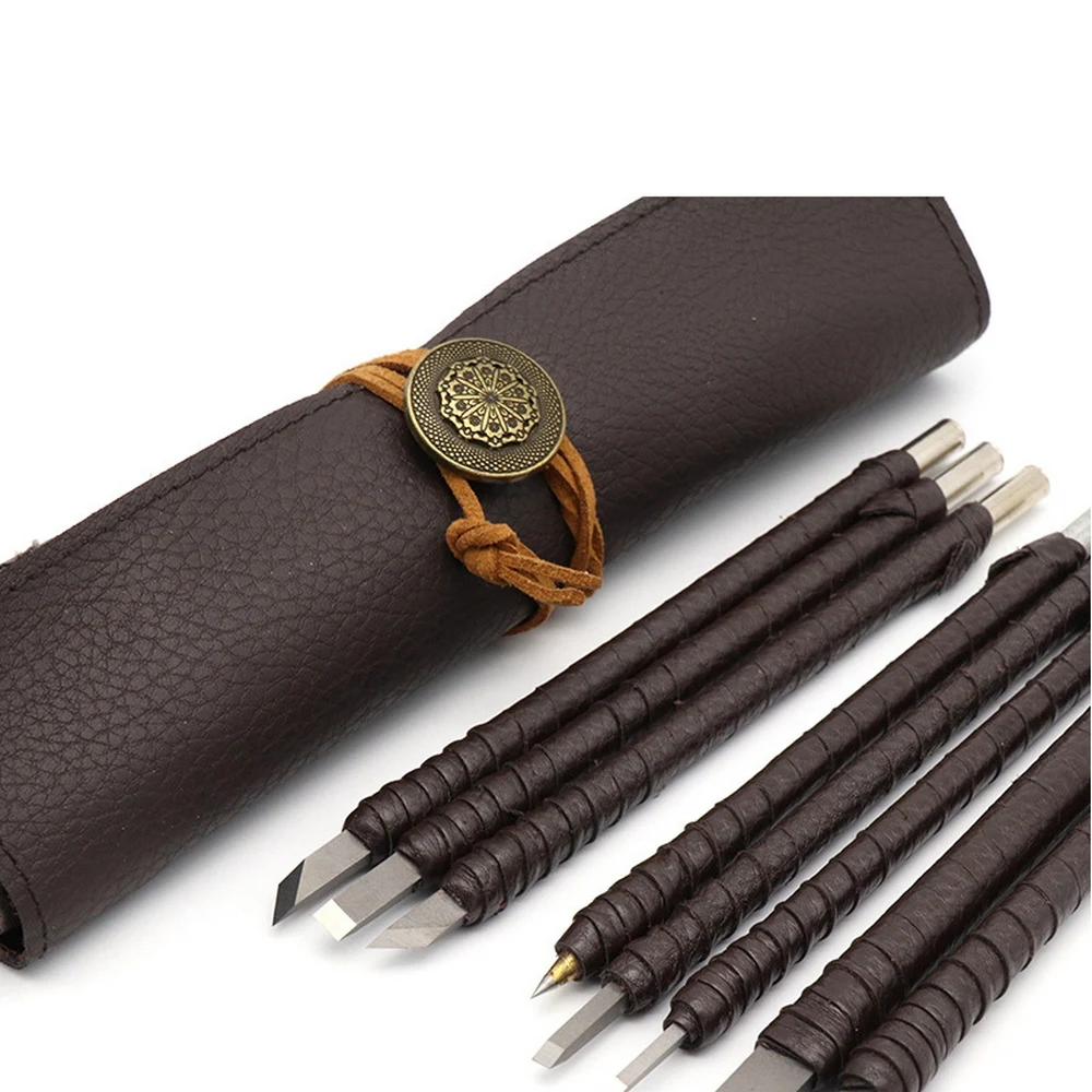 

Набор ножей для резьбы из вольфрамовой стали, 8 шт., уплотнительный камень, гравировальный инструмент для надписи с кожаной ручкой и кожаным ...