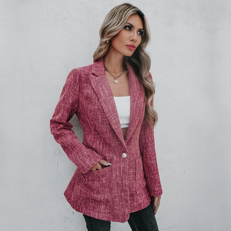 

Women Chic Blazer Rose Red Autumn Winter New Arrival Single Button Casual Coat Ladies Suit Jacket Loose Aesthetic Clothing 2022