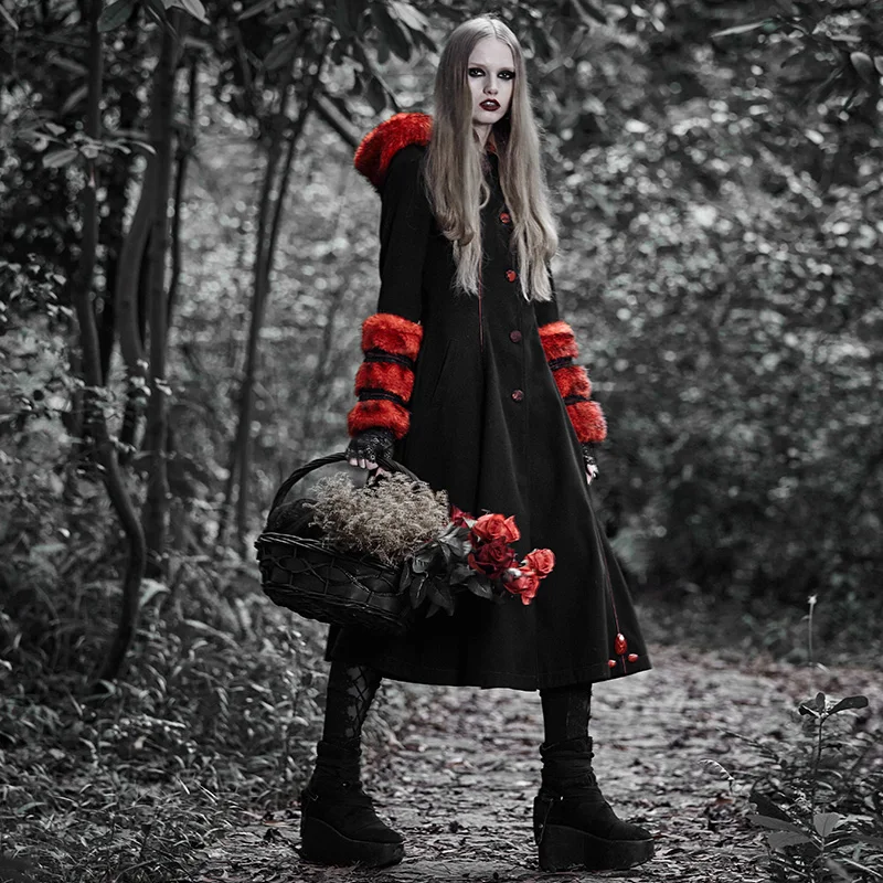 Пальто в стиле панк рейв готика Лолита шерстяное пальто со съемным мехом зимние