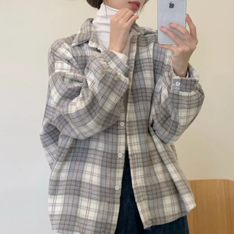 

Plaid Frosted Shirt Coat Women's Autumn and Winter Design Shirt 2021 New Long Sleeve Top