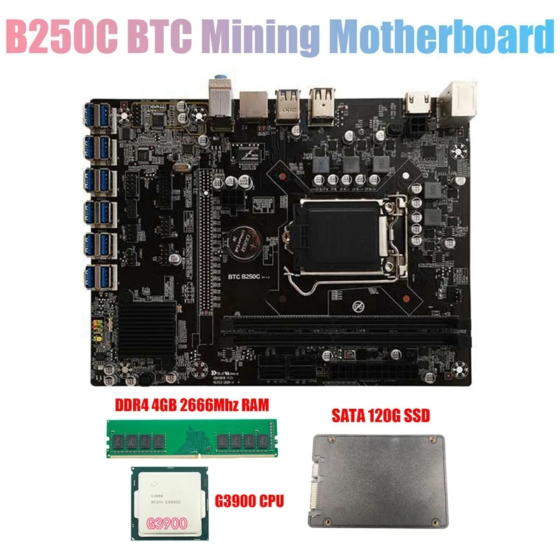 

Материнская плата B250C для майнинга BTC с процессором G3900 + DDR4 4 Гб 2666 МГц ОЗУ + 120 ГБ SSD 12xpcie на USB3.0 слот для карты LGA1151 для BTC