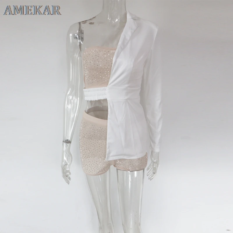 

Beautiful Crystal Shorts Set And Cut Out Jacket Womens Elegant Formal Suits Work Wear Special Occasion Outfits Clubwear
