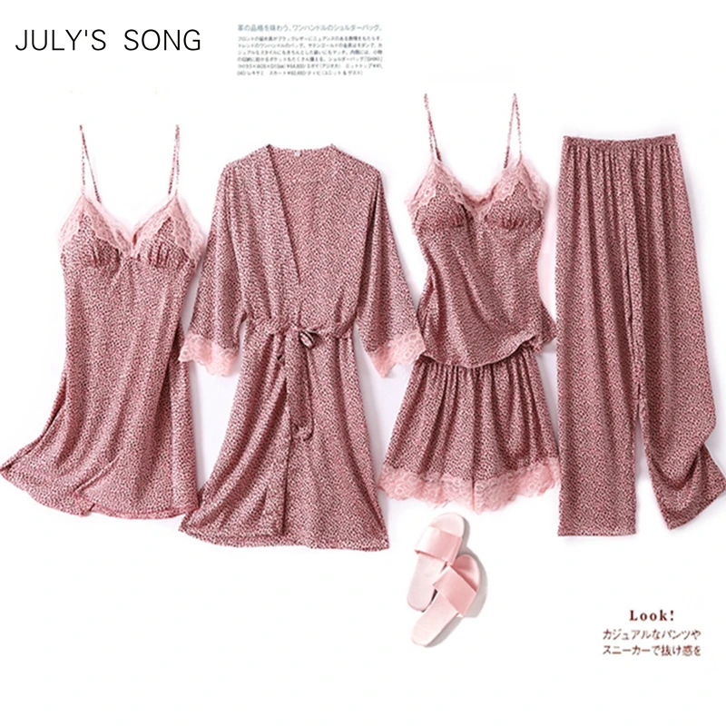 

JULY'S SONG 5 PCS Women's Pajamas Silk Satin Sleepwear Leopard Pajamas Set Summer Sling Lace Sexy Robe For Woman Loungewear