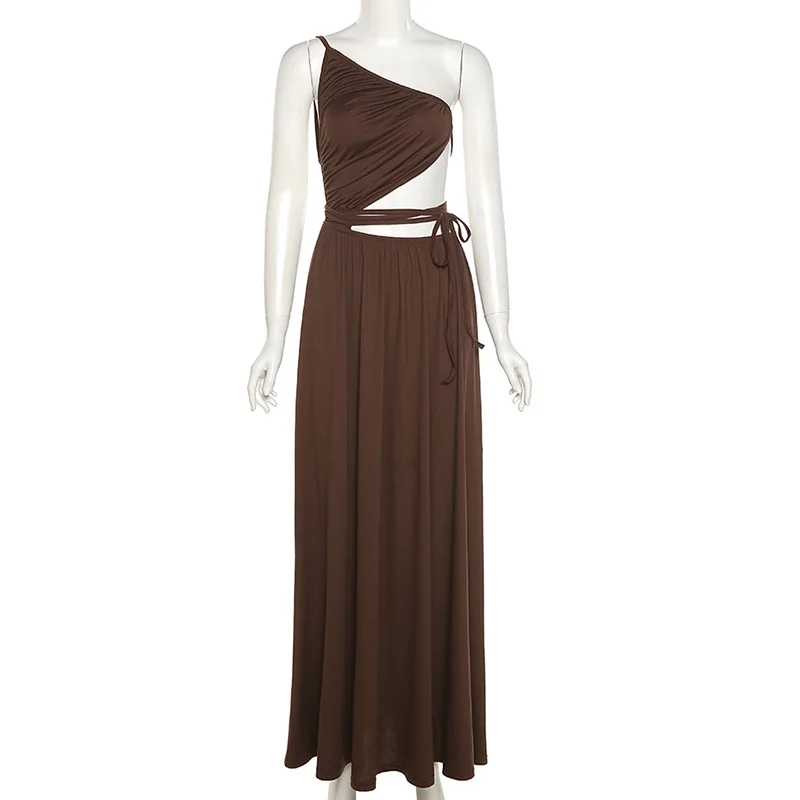 

One Shoulder Brown Elegant Lace Up Maxi Dresses Women Sexy Cut Out Backless Casual Party Beach Long Dress 2021 Summer Vacation