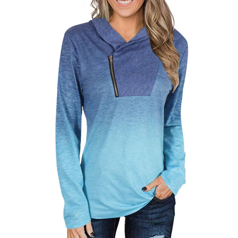 

2021 women's clothing in spring and summer V-neck zipper slim print gradient long sleeve T-shirt women
