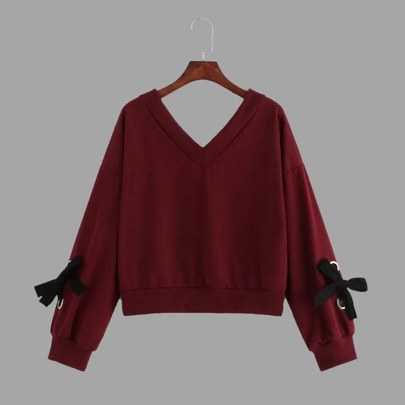 Fashion Sweatshirts Women Sexy V-Neck Bowknot 2019 New Autumn Casual Solid Color Long Sleeve Pullovers Loose Slim Fit Sweatshirt | Женская