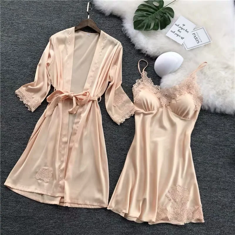 

Pajamas women's spring and autumn two piece set with chest cushion sling silk summer thin ice silk nightdress set