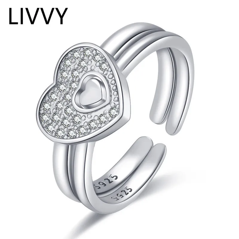 

LIVVY 2Pcs/Set Hollow Heart Silver Color Ring For Women Luxury Rose Gold Crystal Zircon Party Anniversary Wedding Jewelry Gift