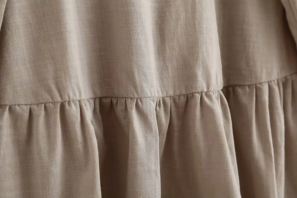 

women vintage V neck buttons pleats casual smock Shirts blouses office lady nine sleeve linen tops