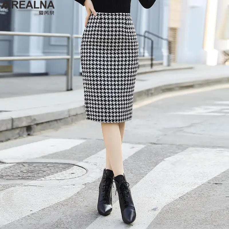 Женская твидовая Юбка До Колена черная офисная юбка из твида в клетку с высокой