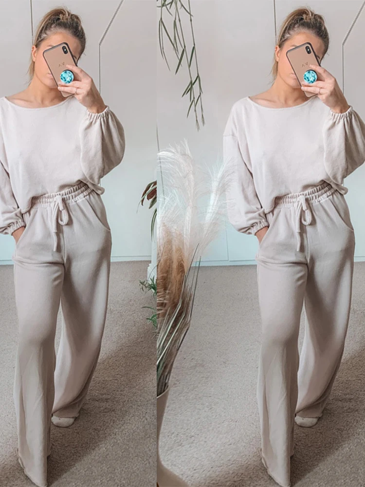 

Fashion Women's Suit New Summer Leisure Hot Sale Round Neck Pullover Pure Color Comfortable Home Two-piece Suit Full Donsignet