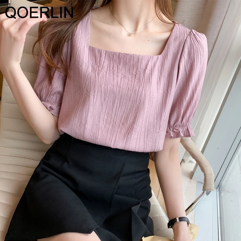 

QOERLIN Top Woman Pink Shirt Women Puff Sleeve Summer 2021 Office Blouse Female Square Collar Chic White Shirt Chiffon Top S-2XL