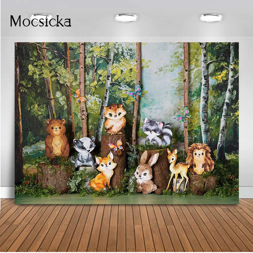 Woodland Safari Jungle Animals Portrait Newborn Kids Photo Background Oil Painting Forest Wall Backdrop for Photography Props |