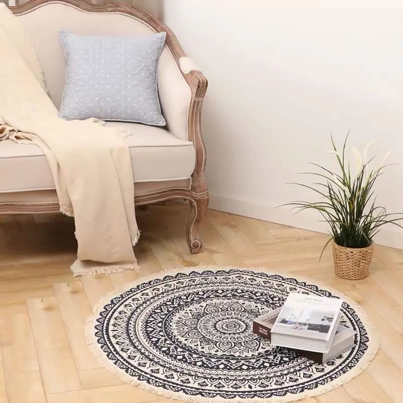 

Retro Boho Round Carpet Bedroom Boho Style Tassel Cotton Rug Hand Woven National Classic Tapestry Sofa Cushion Tatami Floor Mats