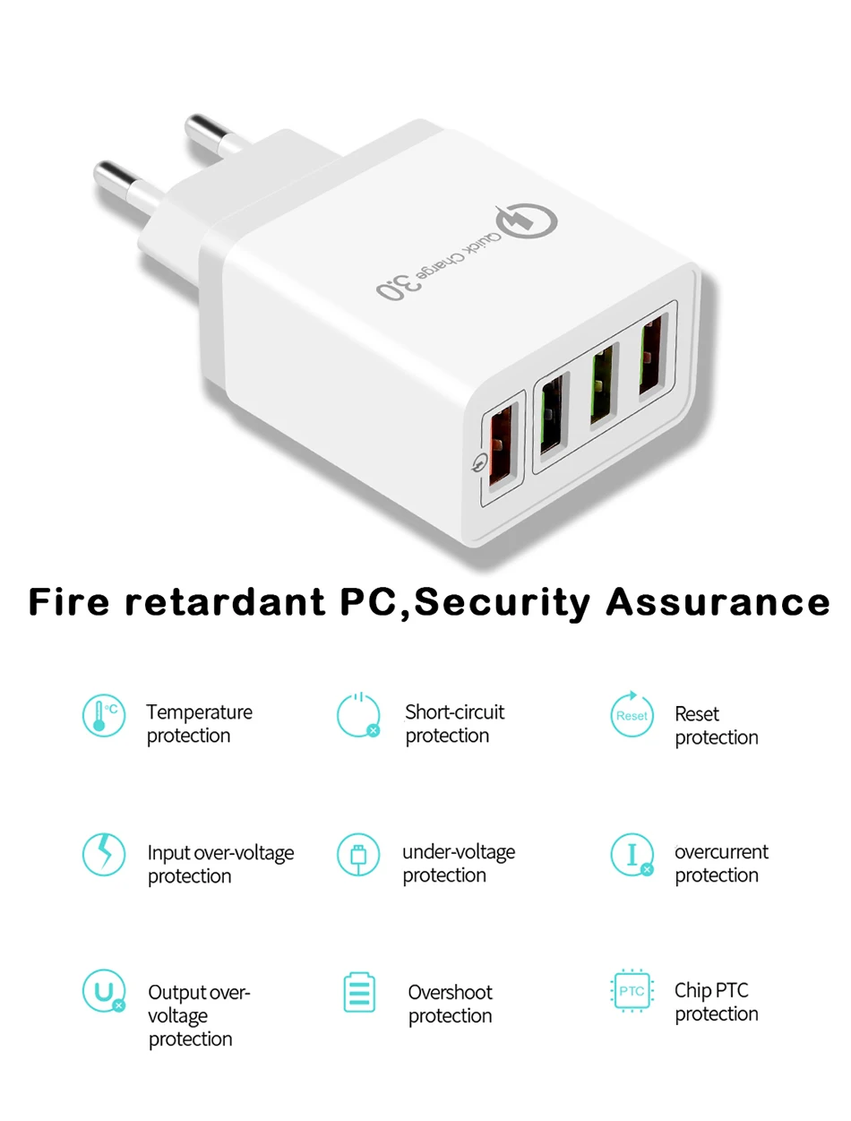 Зарядное устройство USB 4 порта Quick Charge 3,0 для Samsung iPhone XiaoMi настенный мобильный телефон Универсальный адаптер Быстрая зарядка 4,0 CinkeyPro