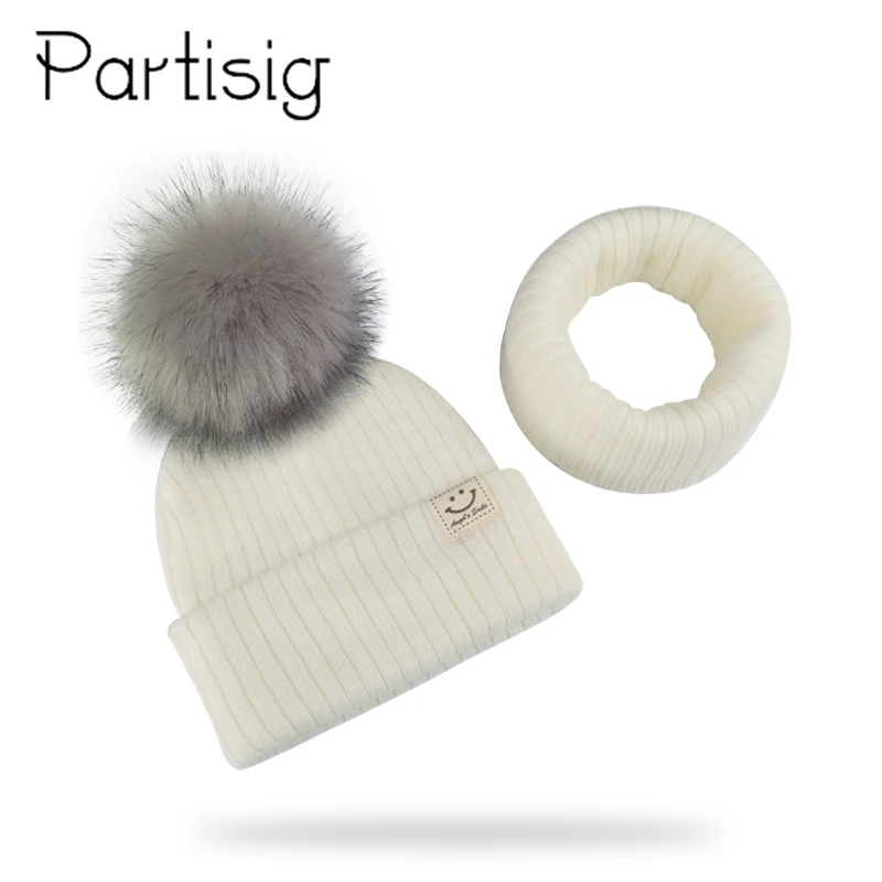 Winter Unisex Faux Fur Pompon Hat Scarf For Kids Boys Girls Knitted Baby Caps With Pompom Bonnet Children's Accessories