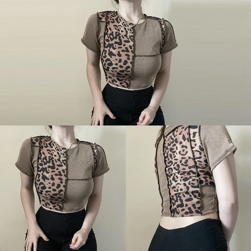 

Women's Anti-Car Stitching Leopard Print Round Neck T-Shirt Women's Short Base Top Brown