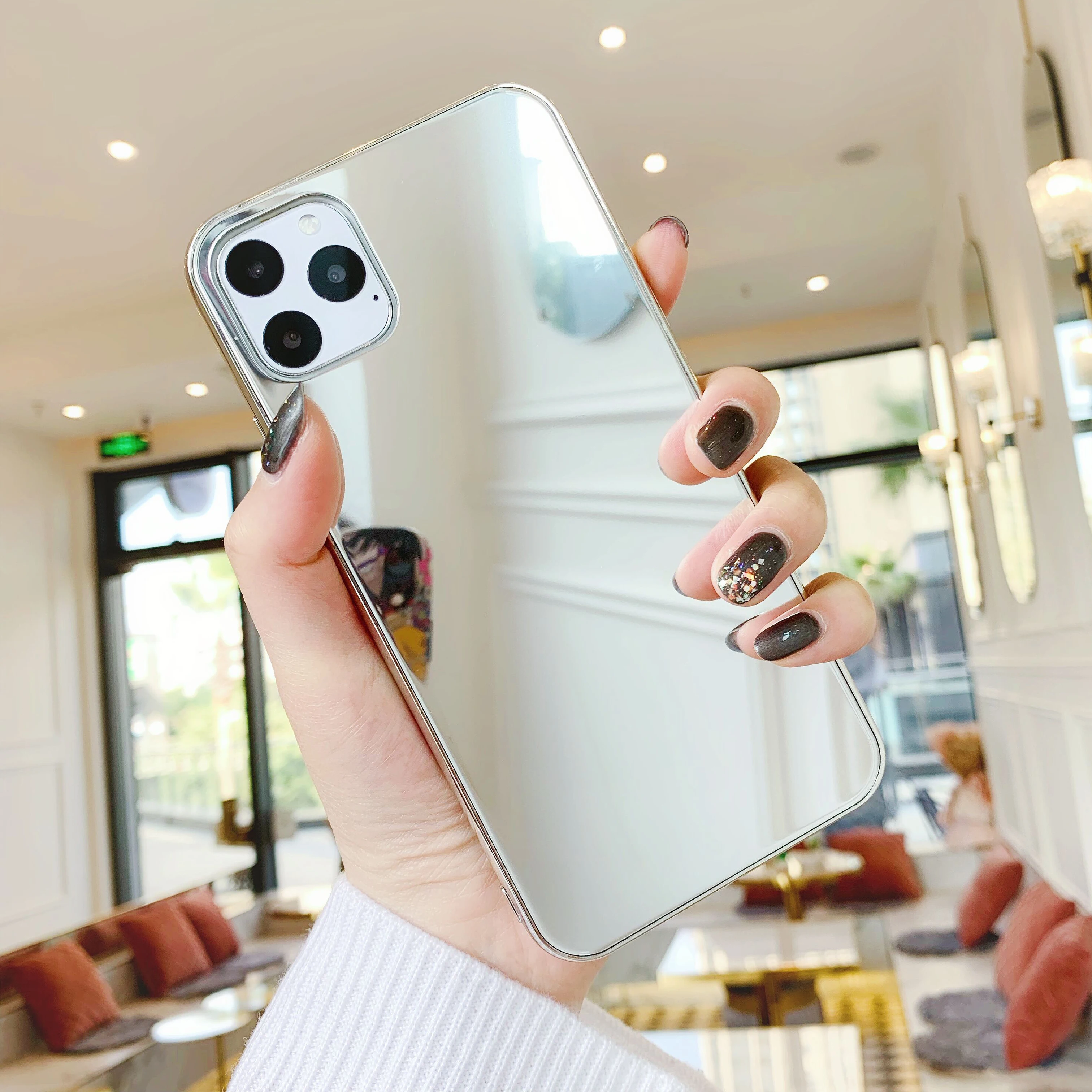 

Fashion Silver Edge Mirror Shockproof Tempered Glass Case for iPhone 11 12 Pro 6 6s 7 8 Plus /X XR XS Max Phone Cover Shell New
