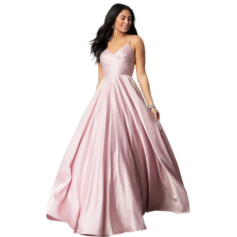 

wei yin AE0507 Pink Satin Prom Dresses A-Line V-Neck Elegant Formal Long Dresses Vestidos De Fiesta De Noche 2021