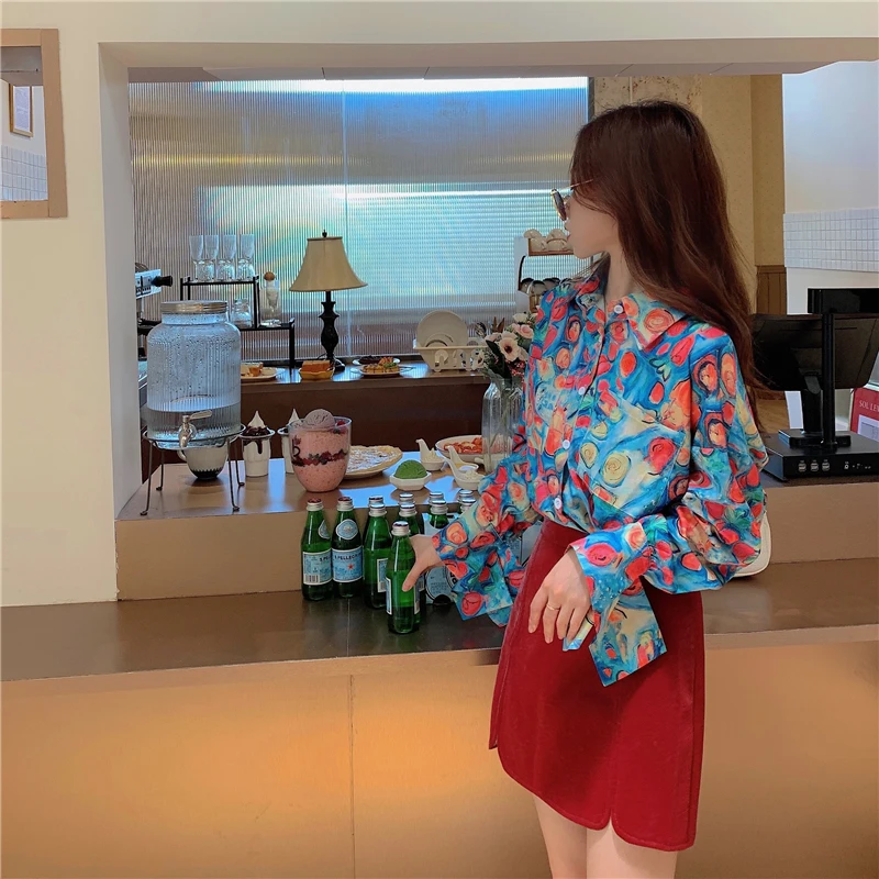 

Net price will fall niche design feels Hong Kong flavour restoring ancient ways joker printed shirt suede leather skirt skirts